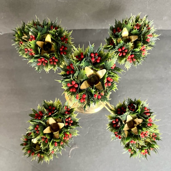 VTG Candelabra Christmas Tree Brass Plastic Holly MCM Candle Holder Centerpiece - Picture 2 of 6